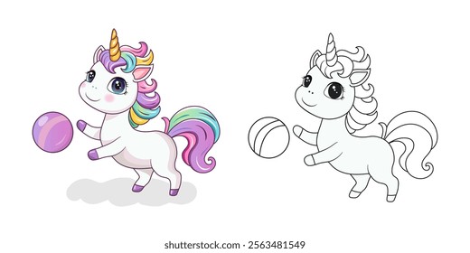 Coloring book for kids cute unicorn playing with a ball. A hand-drawn pony with a horn isolated on a white background. The magic horse. It can be used for printing, textiles. Vector illustration
