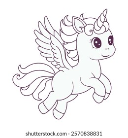 Coloring book for kids cute unicorn with wings. A hand-drawn pony with a horn. The magical horse Pegasus. Vector illustration.