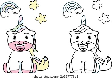 Coloring book for kids is cute unicorns with clouds rainbow. Hand-drawn ponies with a horn. Cute magical horses. Vector illustration. It can be used for printing, textiles, web design.