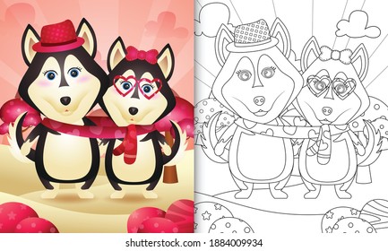 coloring book for kids with Cute valentine's day husky dog couple illustrated