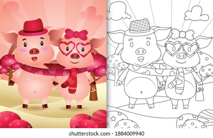 coloring book for kids with Cute valentine's day pig couple illustrated 