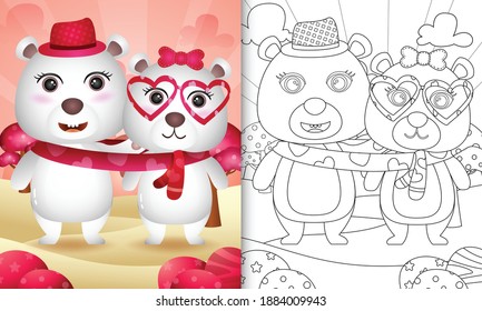coloring book for kids with Cute valentine's day polar bear couple illustrated
