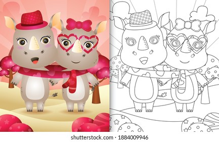 coloring book for kids with Cute valentine's day rhino couple illustrated
