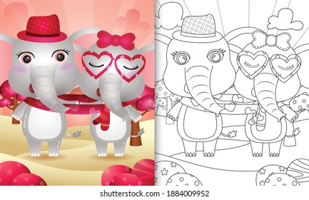 coloring book for kids with Cute valentine's day elephant couple illustrated 