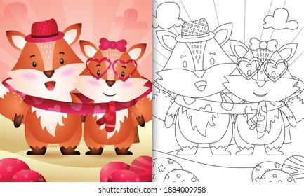 coloring book for kids with Cute valentine's day fox couple illustrated