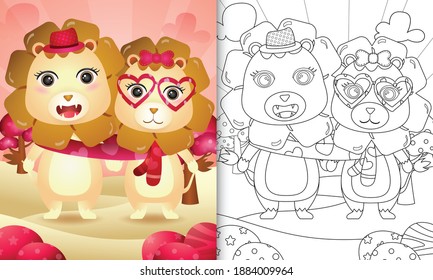 coloring book for kids with Cute valentine's day lion couple illustrated