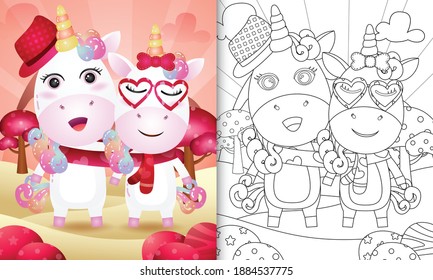coloring book for kids with Cute valentine's day unicorn couple illustrated 