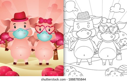 coloring book for kids with Cute valentine's day pig couple using protective face mask