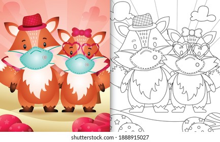 coloring book for kids with Cute valentine's day fox couple using protective face mask
