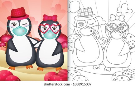 coloring book for kids with Cute valentine's day penguin couple using protective face mask