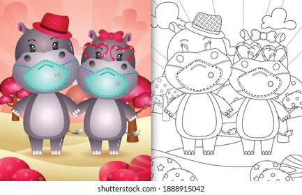 coloring book for kids with Cute valentine's day hippo couple using protective face mask