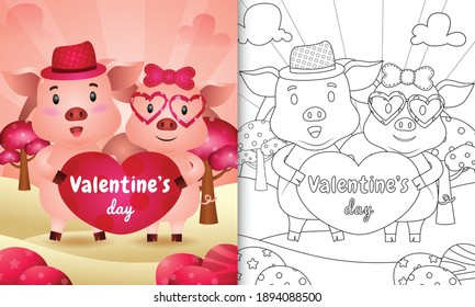 coloring book for kids with Cute valentine's day pig couple illustrated 