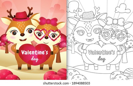 coloring book for kids with Cute valentine's day deer couple illustrated 