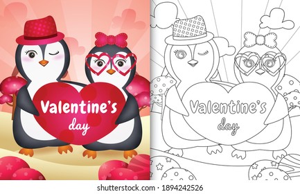 libro de colorear para niños con pareja de pingüinos del día de Cute valentine ilustrado 