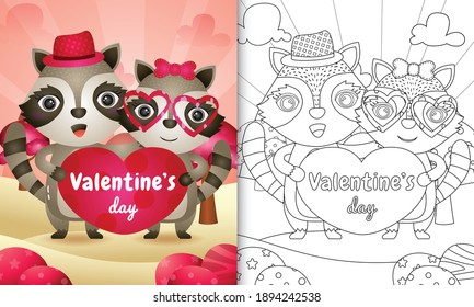 coloring book for kids with Cute valentine's day raccoon couple illustrated 