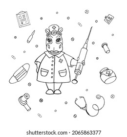 Coloring book for kids Doctor hippo with a syringe. Coloring Page Outline Of cartoon doctor with a syringe. A cute hippo nurse character vector illustration.