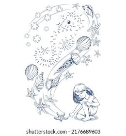 Coloring book for kids and drawing by numbers: little girl dreaming of the sea