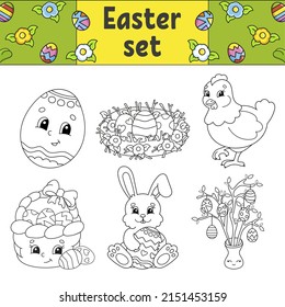 Coloring book for kids. Easter clipart. Cheerful characters. Vector illustration. Cute cartoon style. Black contour silhouette. Isolated on white background.