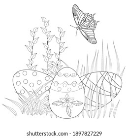 Libro de Colores para niños con huevos de Pascua, hierba y mariposa de fondo blanco.