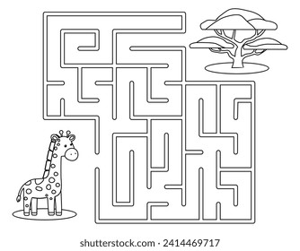 Coloring book for kids. Easy Maze puzzle game for children. Outline maze or labyrinth game with giraffe. Black and white Vector illustrations