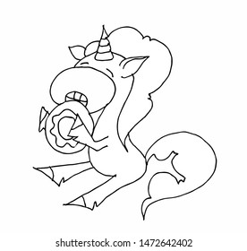 Coloring book for kids - eats a donut. Black and white cute cartoon unicorns. Vector illustration.