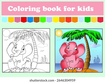 Livro de colorir para crianças. Elefante em uma ilha sentado sob uma palmeira. Planilha de educação. Página de atividade de cor. Enigma para a pré-escola. Ilustração isolada de vetor. Estilo de desenho animado.