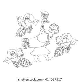 Coloring book for Kids with fabulous duck and roses. Cute cartoon illustration.