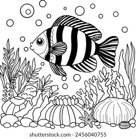 coloring book for kids. Coloring book fish. Children's coloring book black and white, fish swim and seaweed.