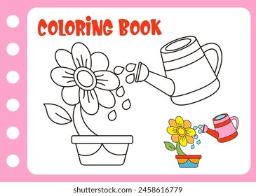 coloring book for kids. coloring flower with watering can