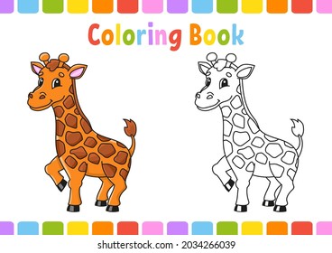 Coloring book for kids. Giraffe animal. Coon character. Vector illustration. Fantasy page for children. Black contour silhouette. Isolated on white background.