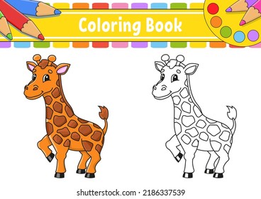 Coloring book for kids. Giraffe animal. Coon character. Vector illustration. Black contour silhouette. Isolated on white background.