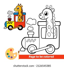 Coloring book for kids, giraffe on steam train vector