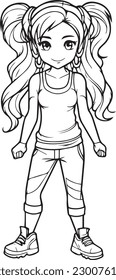 coloring book for kids, girl doing yoga exercise, black and white, 100% editable colorable