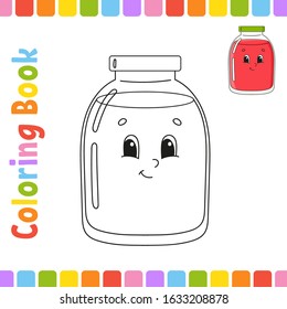 Coloring book for kids. Glass jar. Cheerful character. Vector illustration. Cute cartoon style. Fantasy page for children. Black contour silhouette. Isolated on white background.