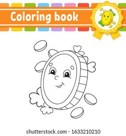 Coloring book for kids. Gold coin. Cheerful character. Vector illustration. Cute cartoon style. Black contour silhouette. Isolated on white background. St. Patrick's day.