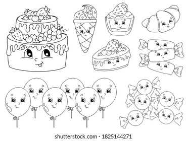Coloring book for kids. Happy birthday theme. Cheerful characters. Vector illustration. Cute cartoon style. Black contour silhouette. Isolated on white background.