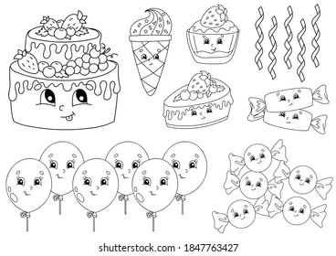 Coloring book for kids. Happy birthday theme. Cheerful characters. Vector illustration. Cute cartoon style. Black contour silhouette. Isolated on white background.
