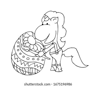 Coloring book for kids - Happy Easter greeting card with unicorn. Black and white cute cartoon hand drawing kids. Vector illustration.	