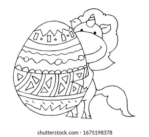 Coloring book for kids - Happy Easter greeting card with unicorn. Black and white cute cartoon hand drawing kids. Vector illustration.	