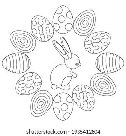 Coloring book for kids, Happy Easter greeting card of cute bunnies and decorated Easter eggs. Cartoon style. Vector illustration