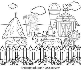 Coloring book for kids. Happy farm, cows on the farm, barn and farmer. Vector isolated on a white background.