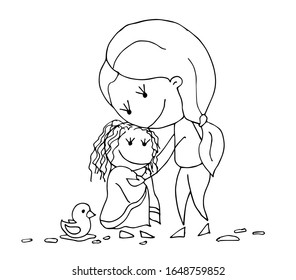 Coloring book for kids - Happy Mother's day. 8 March. Black and white cute cartoon hand drawing kids. Vector illustration.