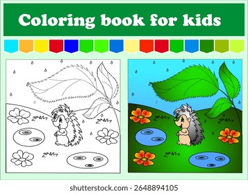 Livro de colorir para crianças. Ouriço em um prado com flores, escondendo-se da chuva sob uma folha. Planilha de educação. Enigma para pré-escolares. Ilustração isolada de vetor. Estilo de desenho animado.