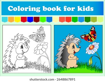 Livro de colorir para crianças. ouriço em um prado com flores que está assistindo uma linda borboleta. Planilha de educação. Enigma para pré-escolares. Ilustração isolada de vetor. Estilo de desenho animado.
