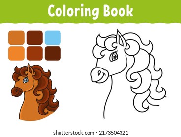 Coloring book for kids. Horse animal. Cheerful character. Vector illustration. Cute cartoon style. Fantasy page for children. Black contour. Isolated on white background.