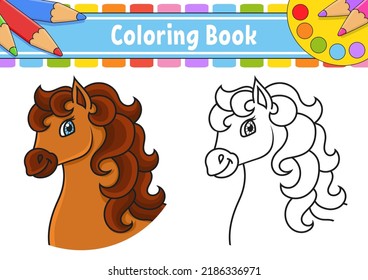 Coloring book for kids. Horse animal. Coon character. Vector illustration. Black contour. Isolated on white background.