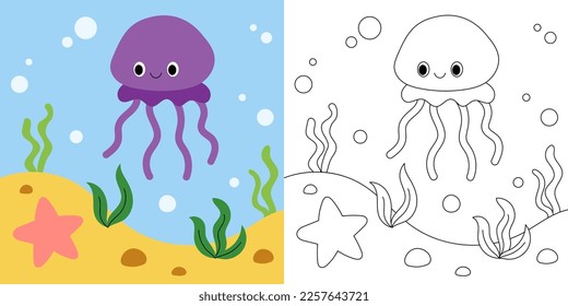 Coloring book for kids, jellyfish in the sea