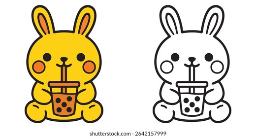 coloring book for kids kawaii bunny cartoon drinking bubble tea vector
