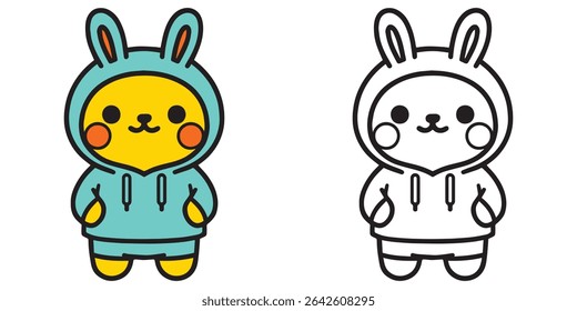 coloring book for kids kawaii bunny cartoon wearing a hoodie vector