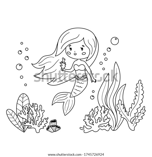 子ども向けの塗り絵 サンゴと海草を持つカワイイ人魚 輪郭の図 かわいい漫画のベクター画像キャラクター のベクター画像素材 ロイヤリティフリー